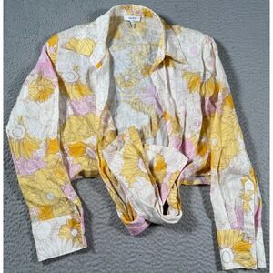 Reiss Blouse Womens 4 Corrine Print‎ Linen Wrap Tie Waist Yellow Floral
